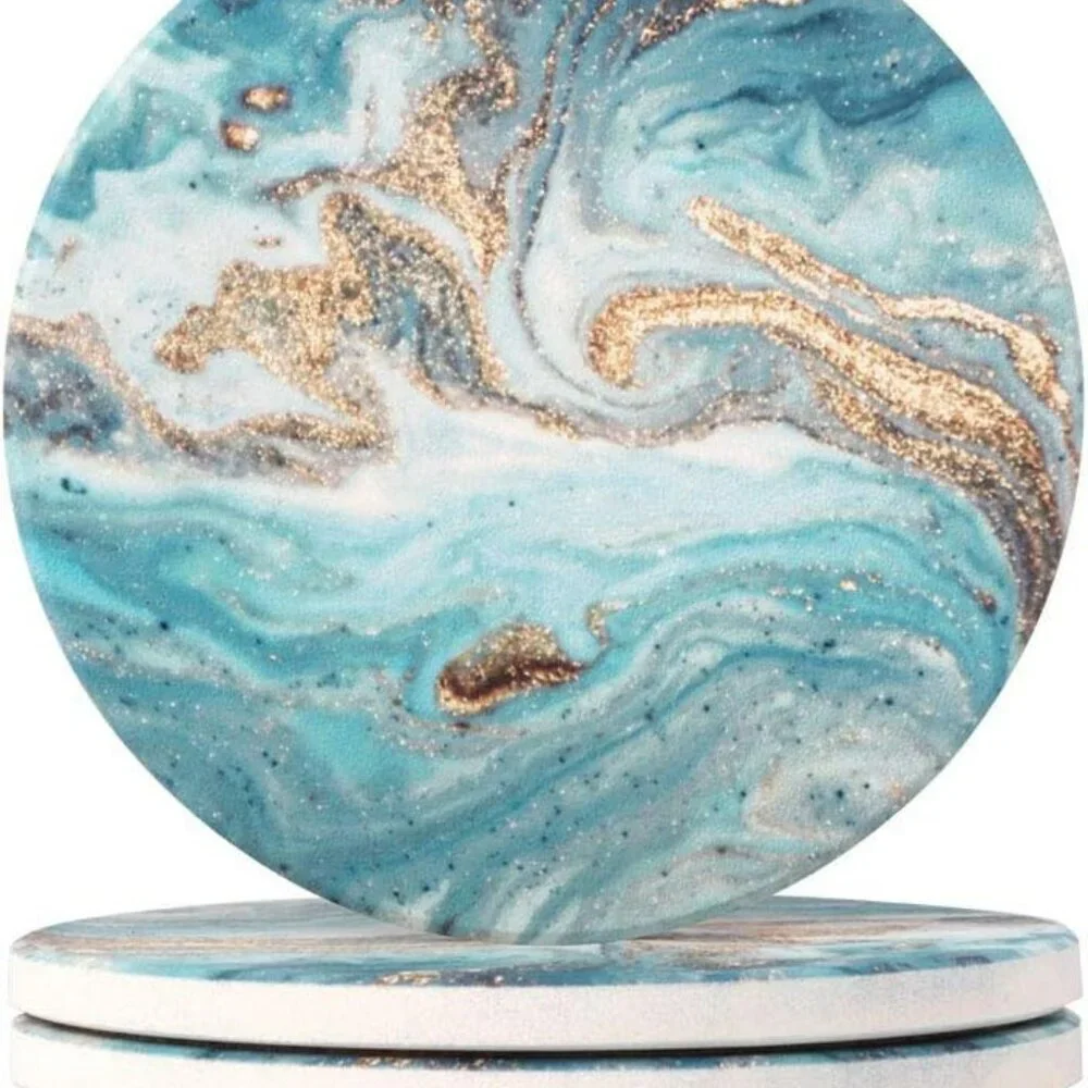 Marble Style Coasters - Round Drinks Absorbent Stone Coaster Set with Ceramic St